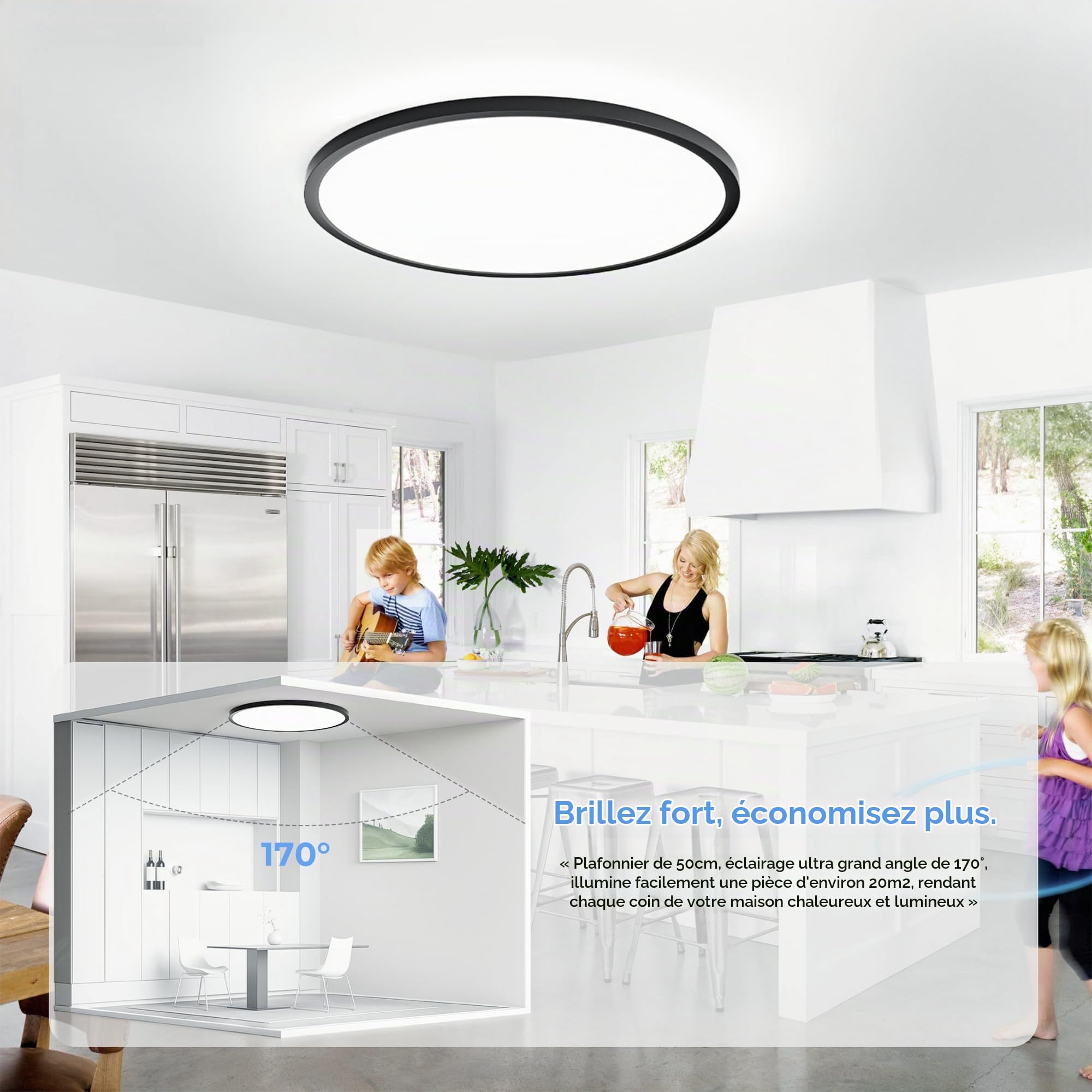 OTREN Plafonnier LED 52W, 5200LM Moderne Rond Luminaire Intérieur, IP44 Etanche Lumière de Salle de Bain, Ultra Mince Noir Lampe de Plafon pour Salon Chambre Cuisine Bureau, Blanc Froid 4000K, Ø50cm