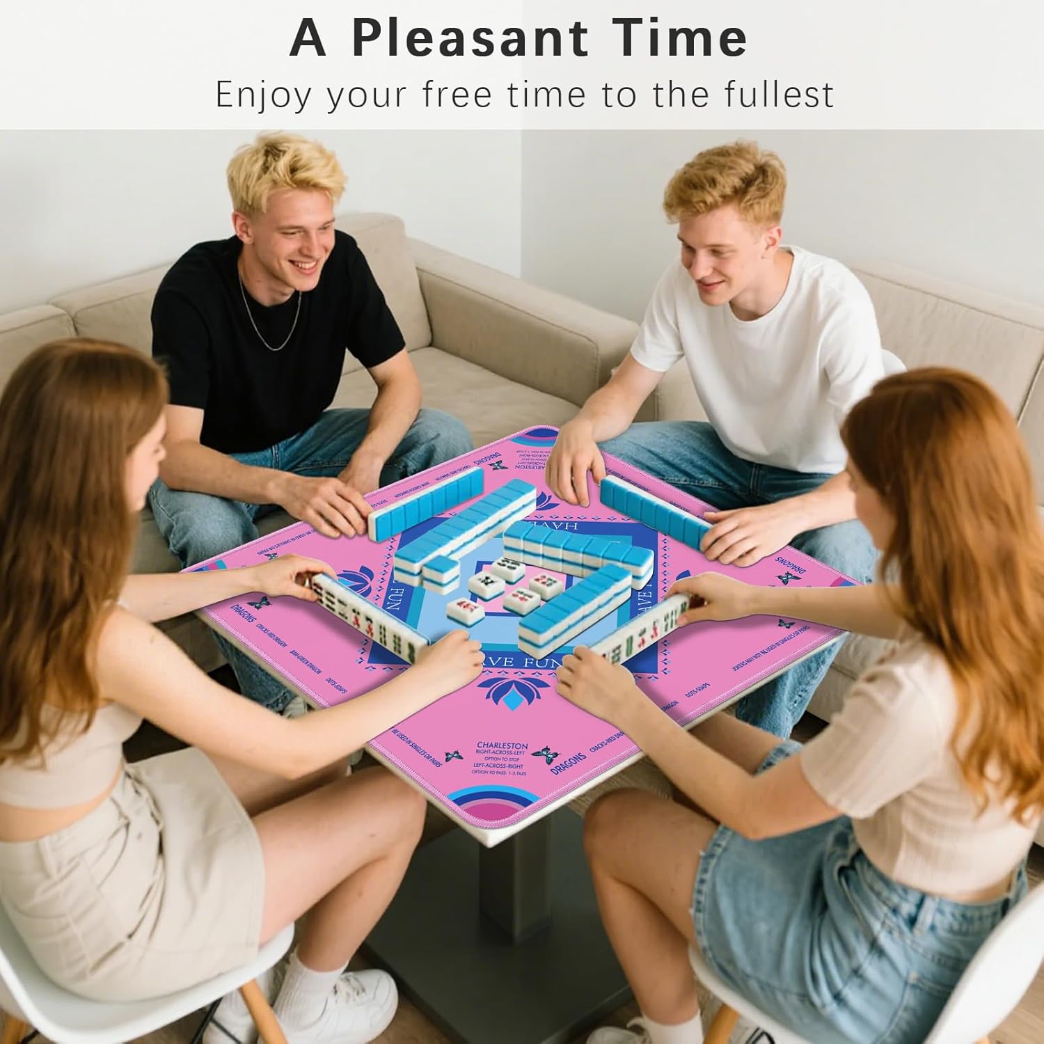 Mahjong Mat with Lotus & Butterfly Artwork - 32.4x32.4 Inch Hand-Painted Style Rubber Mat, Waterproof Surface, Anti-Slip Foldable Design for Asian-Themed Game Nights (Pink-hehua)