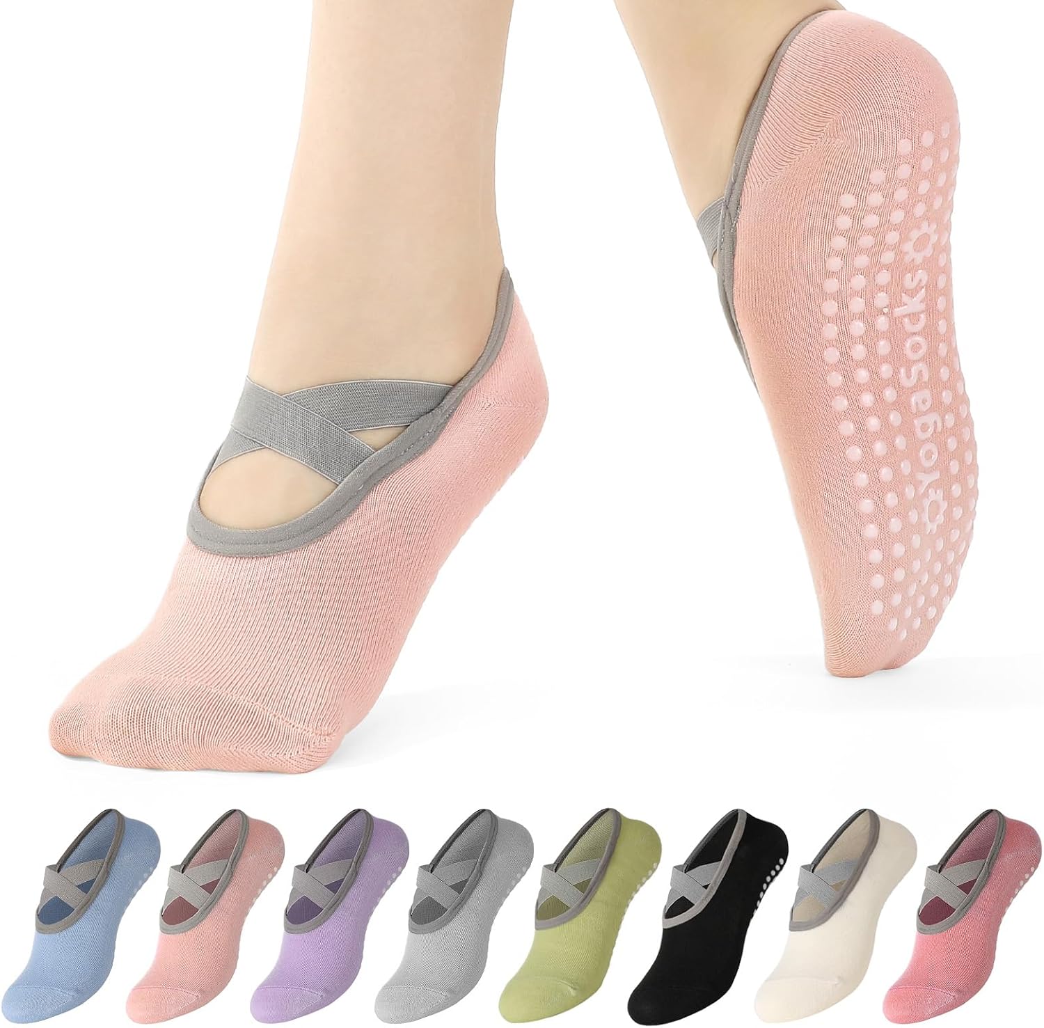 6/8 Pairs Pilates Socks for Women with Straps, Non Slip Yoga Socks for Barre Hospital Barefoot Workout