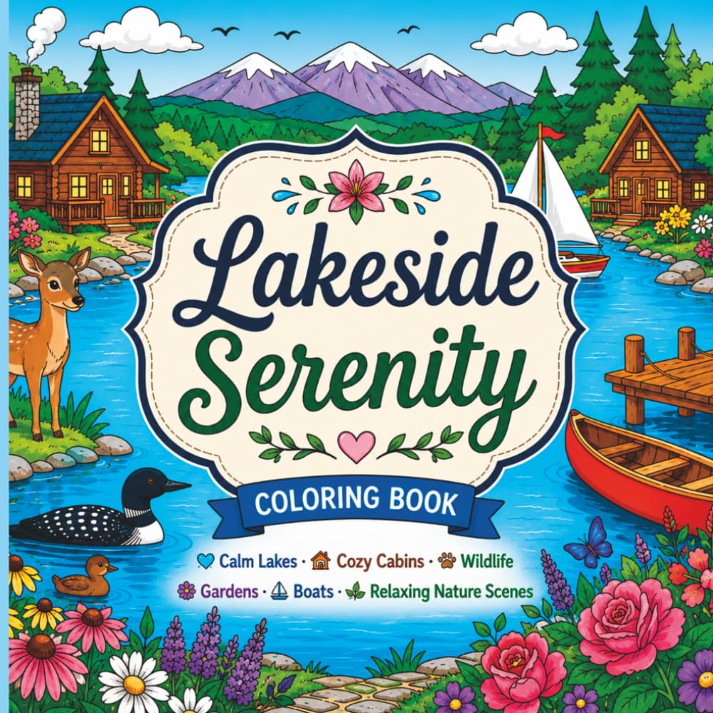 Lakeside Serenity: A Peaceful Coloring Book for Seniors Featuring Calm Lakes, Cozy Cabins, Wildlife, Gardens, Boats, and Relaxing Nature Scenes