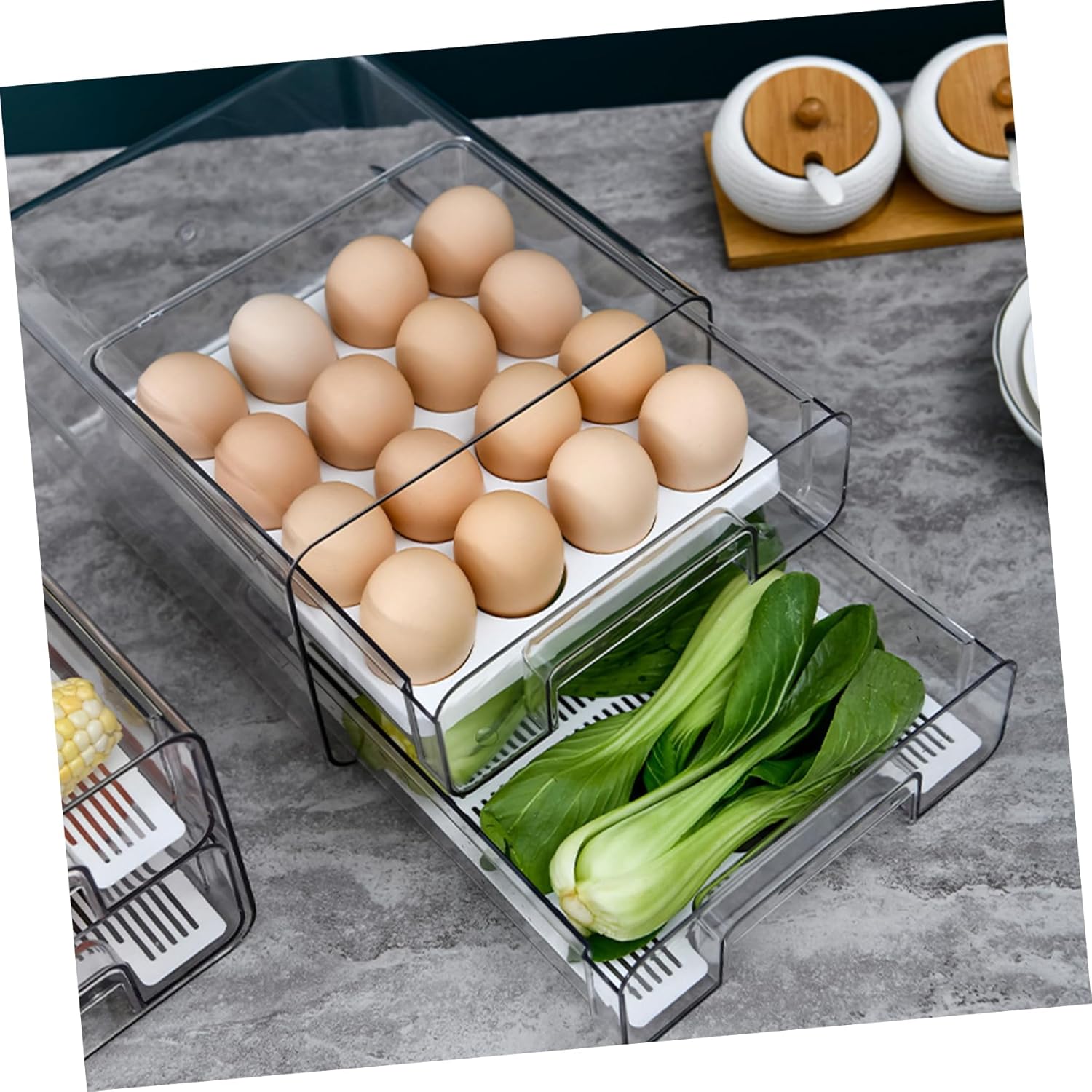 Double Egg Holder for Refrigerator Stackable Egg Tray with Compartments Transparent Pullout Design for Kitchen Storage and Organization Includes Detachable Tray