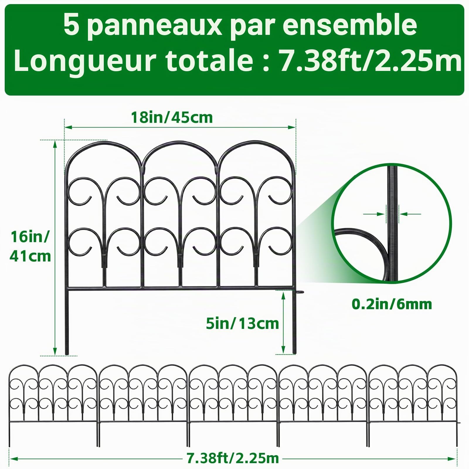 Thealyn Clôture de jardin décorative en métal - 40 cm H x 47 cm (5 panneaux, 2,35 m) - Fer forgé - Bordure de jardin - Parterre de fleurs