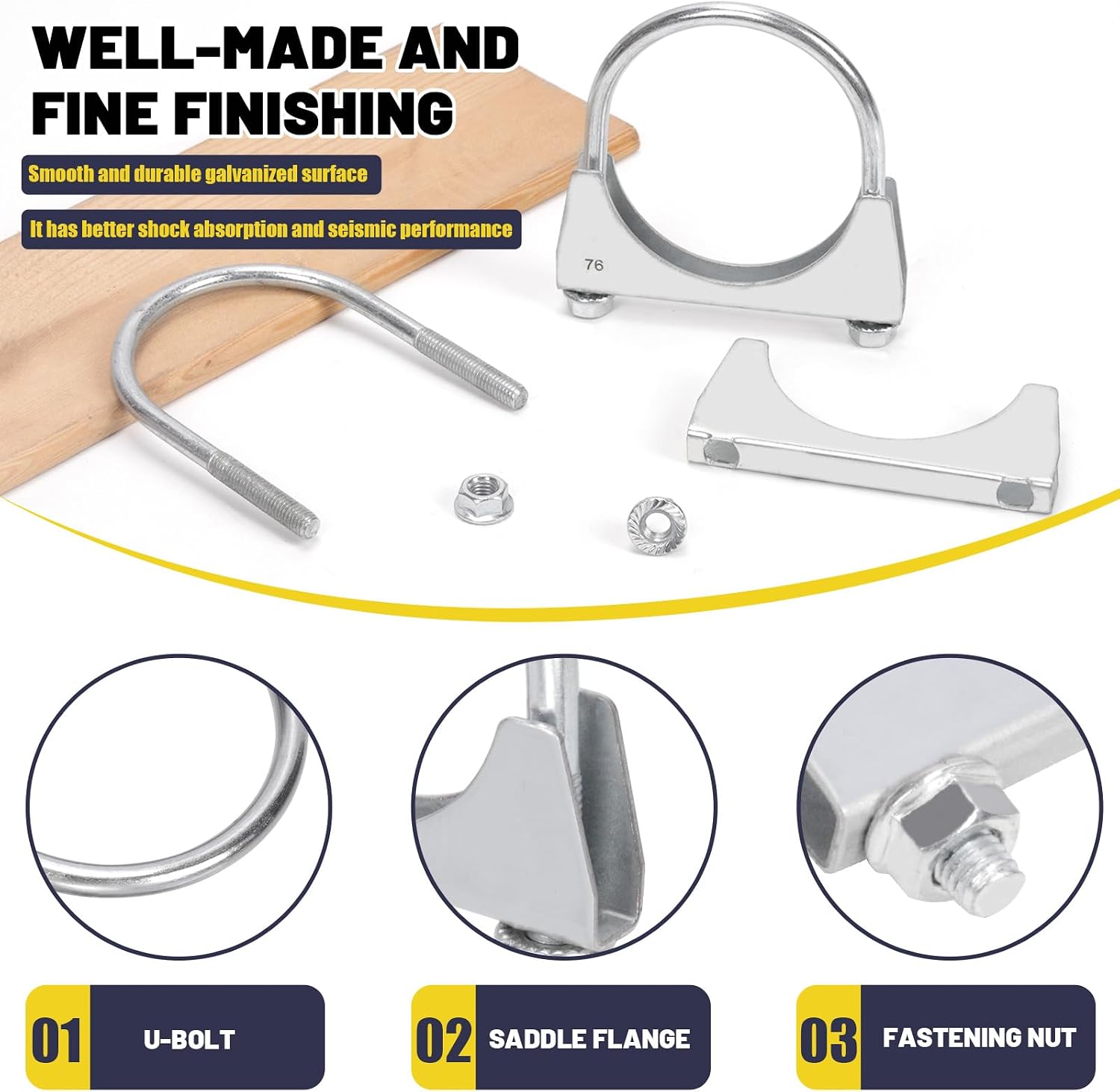 2Pcs 3" (76mm) Exhaust U Clamps, U Bolt Muffler Clips, Silver Steel, Automotive Exhaust Clamps