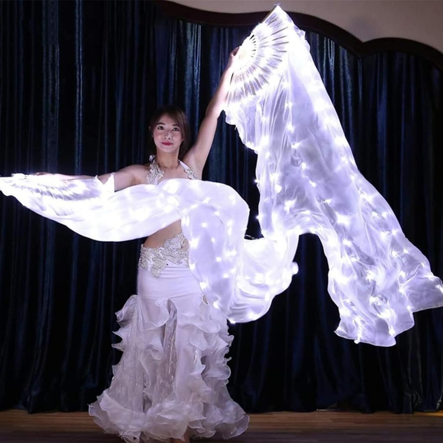 One piece LED Women Real Silk Belly Dance Fan Veil, Hand Made Silk Fans, Silk Fans Veils for Belly Dance for Dance/Outdoor (White)