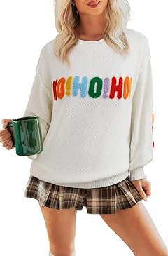 Apvirdy Womens Merry Christmas Sweaters HOHOHO Graphic Sweater Lantern Sleeve Holiday Sweater Chenille Texture Pullover Tops