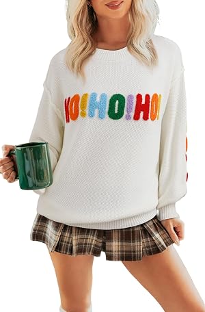 Apvirdy Womens Merry Christmas Sweaters HOHOHO Graphic Sweater Lantern Sleeve Holiday Sweater Chenille Texture Pullover Tops