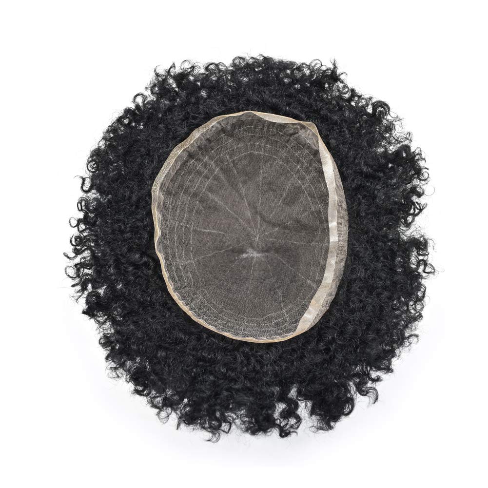 French Lace Afro Wig Black Brazilian Wave Curly Tight Hair System Breathable Natural Mens Toupee Afro-American Black Man Hairpieces (#1 Jet Black, 10mm-wave)