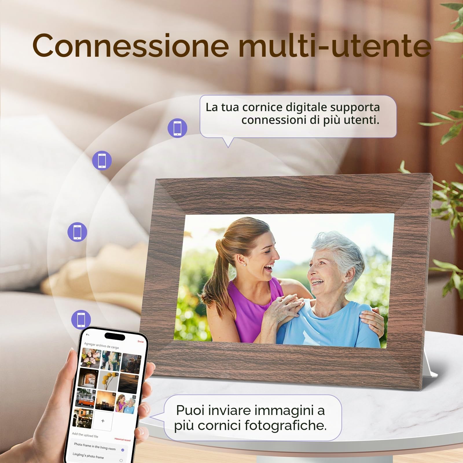 Cornice Digitale 7 Pollici, WiFi IPS Touchscreen Cornice Elettronica, Memoria Integrata da 32GB, BWJBSW Cornice Foto Digitale per Condividere Immagini, Video e Musica, Supporta Sveglia, Auto-Rotazione