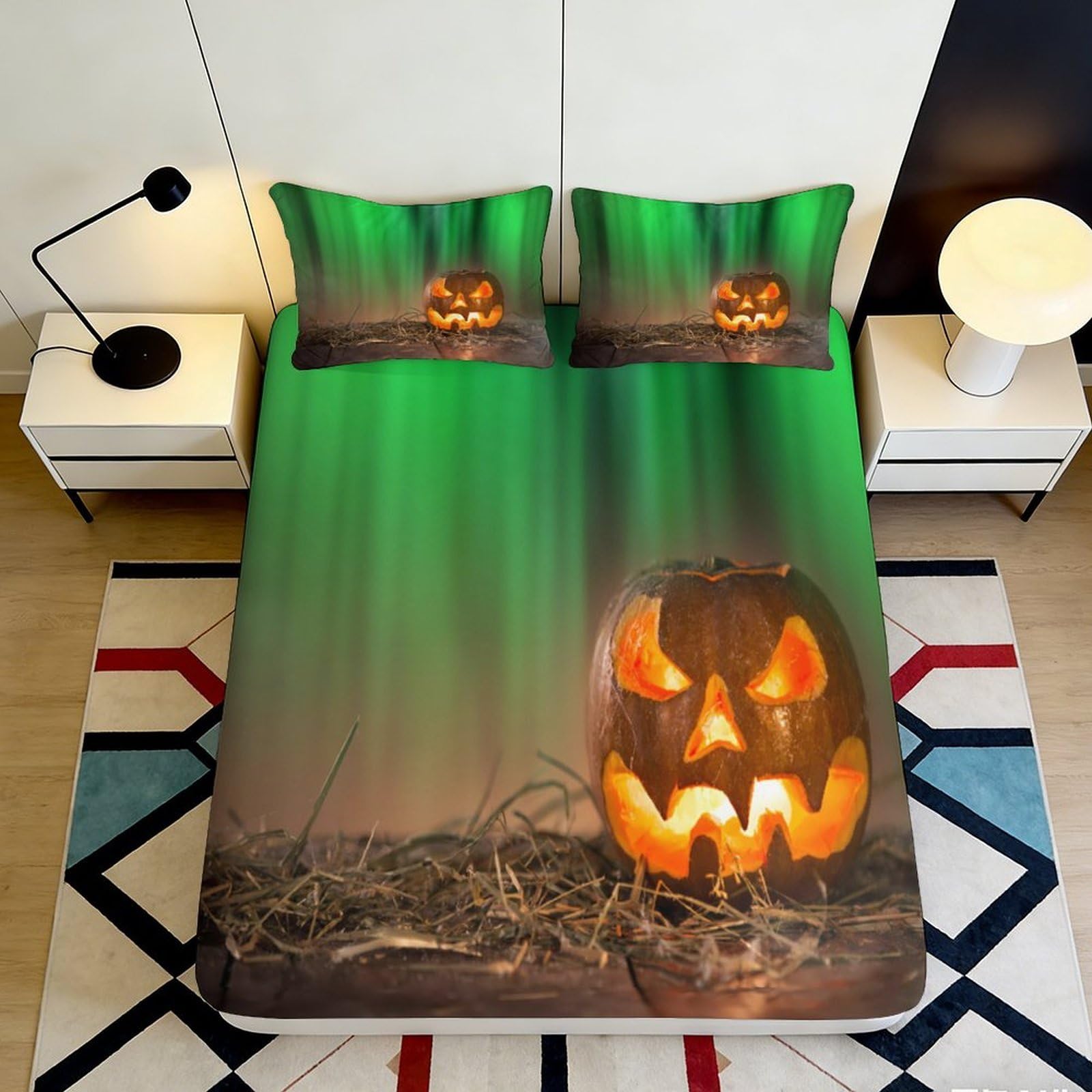 3D Printed Halloween Pumpkin Fitted Sheet Microfiber Non-Slip Deep Pocket Halloween Mattress Fitted Cover for Bedroom 200x200x25cm 90x200x25cm