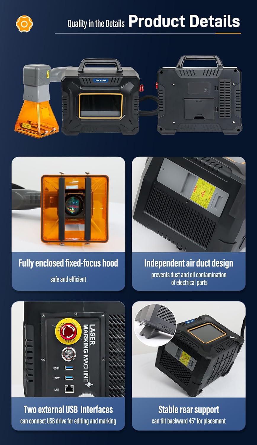 60W Handheld Laser Marking Machine 100 * 100mm Lens with Battery for Precision Engraving on Copper, Steel, Leather, Acrylic, etc Class 1 Laser Output Power 0.39mW