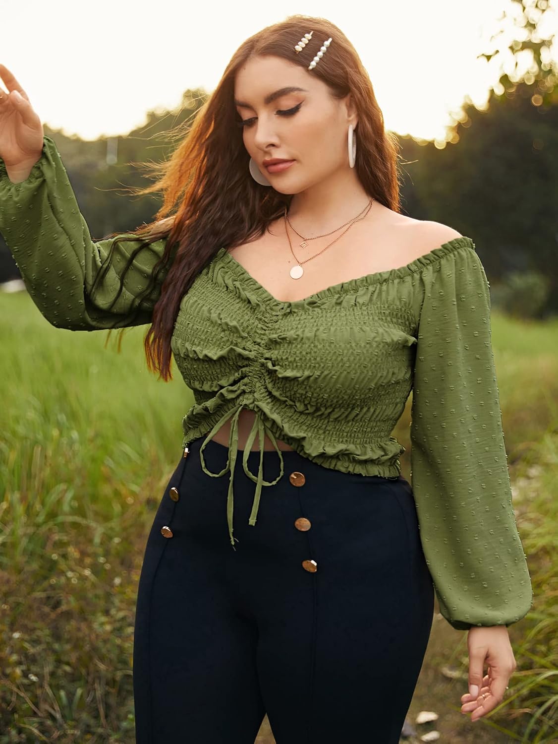 Floerns Women's Long Lantern Sleeve Drawstring Ruched V Neck Plus Size Blouse Crop Top