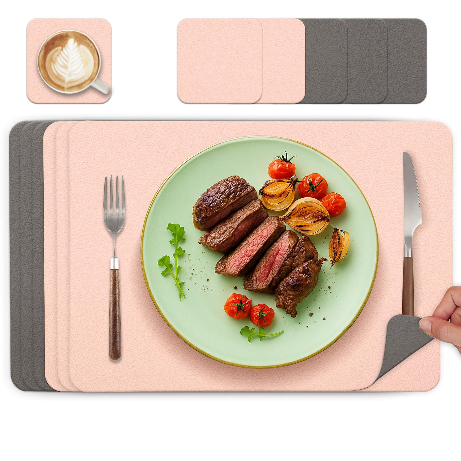 Tischsets Abwaschbar und Untersetzer, Platzset Leder Platzdeckchen Abwaschbar Doppelseitigen Tischsets Umkehrbares Tischset rutschfest Lederoptik