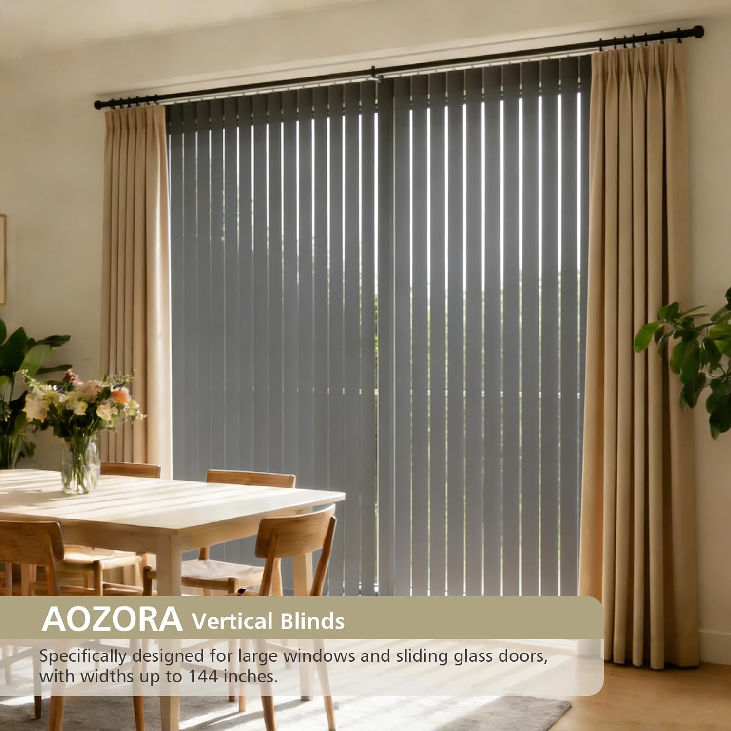 AOZORA Cordless Vertical Window Shades, 3.5inch Slat Light Filtering Fabric Thermal Insulated, Energy Saving UV Protection Decoration Vertical Window Blinds, Strip Dark Gray