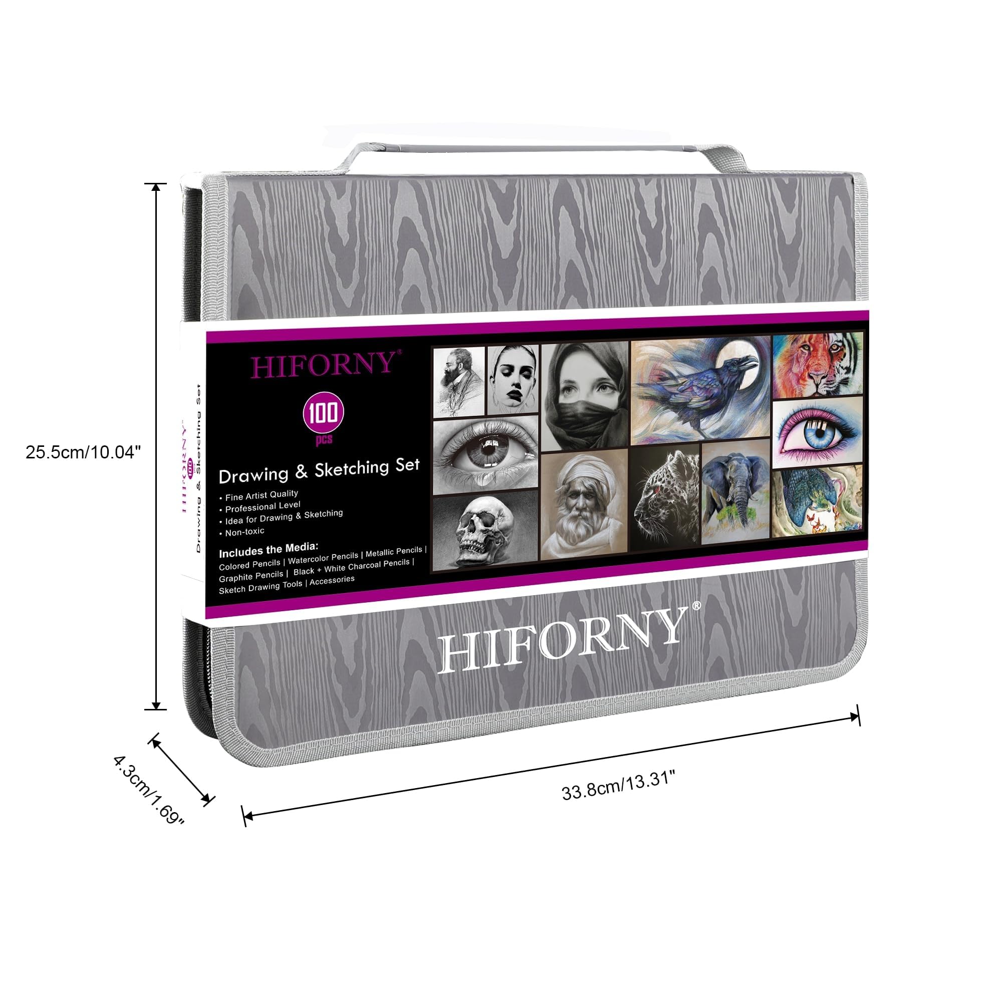 HIFORNY 100-teiliges Zeichen- und Skizzierset, professionelles Kunstzubehör mit Graphit, Anthrazit, Buntstiften, Aquarellstiften, Mischwerkzeugen, Skizzenbuch und Malbuch in Reißverschlusstasche