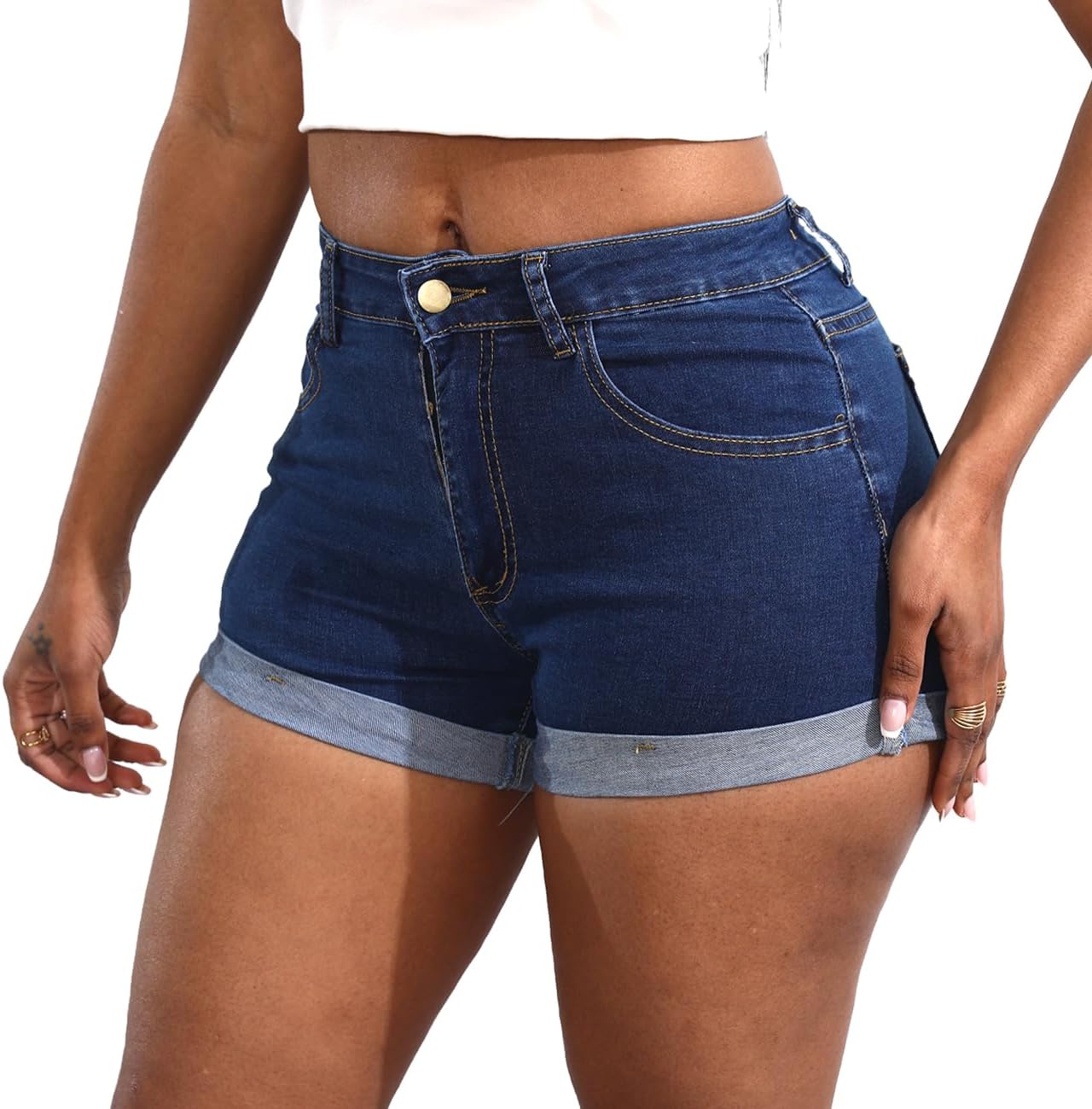 Women's Casual Stretchy Denim Shorts High Waisted Folded Hem Jeans Shorts - Image 5