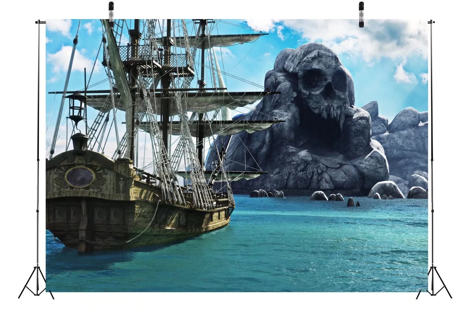 BELECO 2.1x1.5m Tessuto Teschio Pirata Sfondo Isola Nave Pirata Crociera Mar dei Caraibi Oceano Mostro Roccia - Tema Compleanno Bambini Ragazzi Puntelli Foto