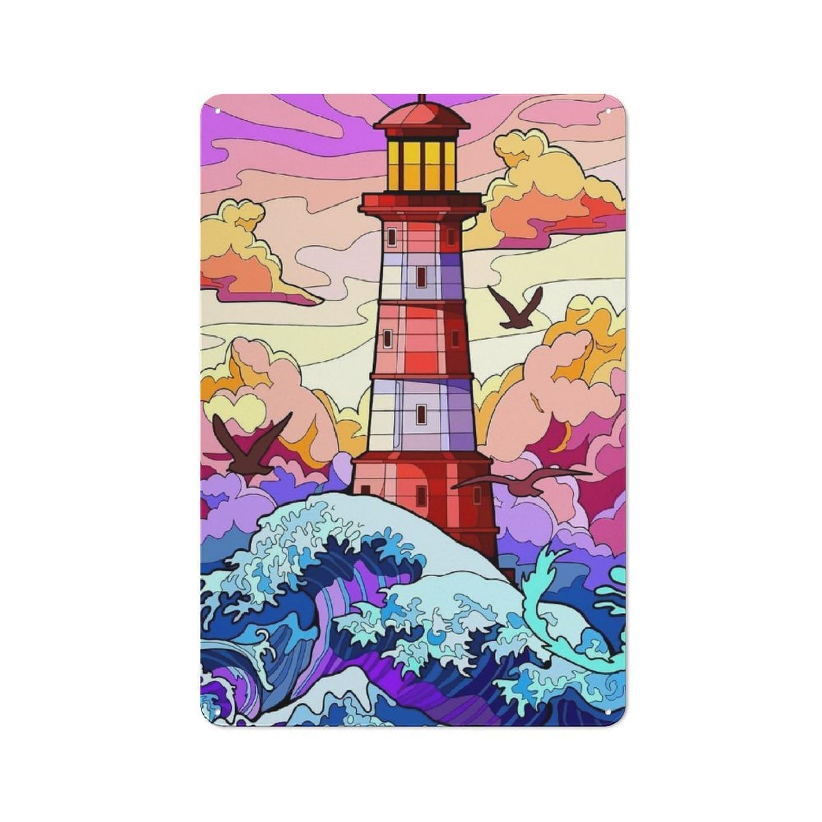 Junmoney Style-12 Lighthouse In A Stormy Sea Everyday Metal Wall Decor 30X20cm, Decorative Tin Plaque For Flat, Dorm Room, Lounge Or Cafe