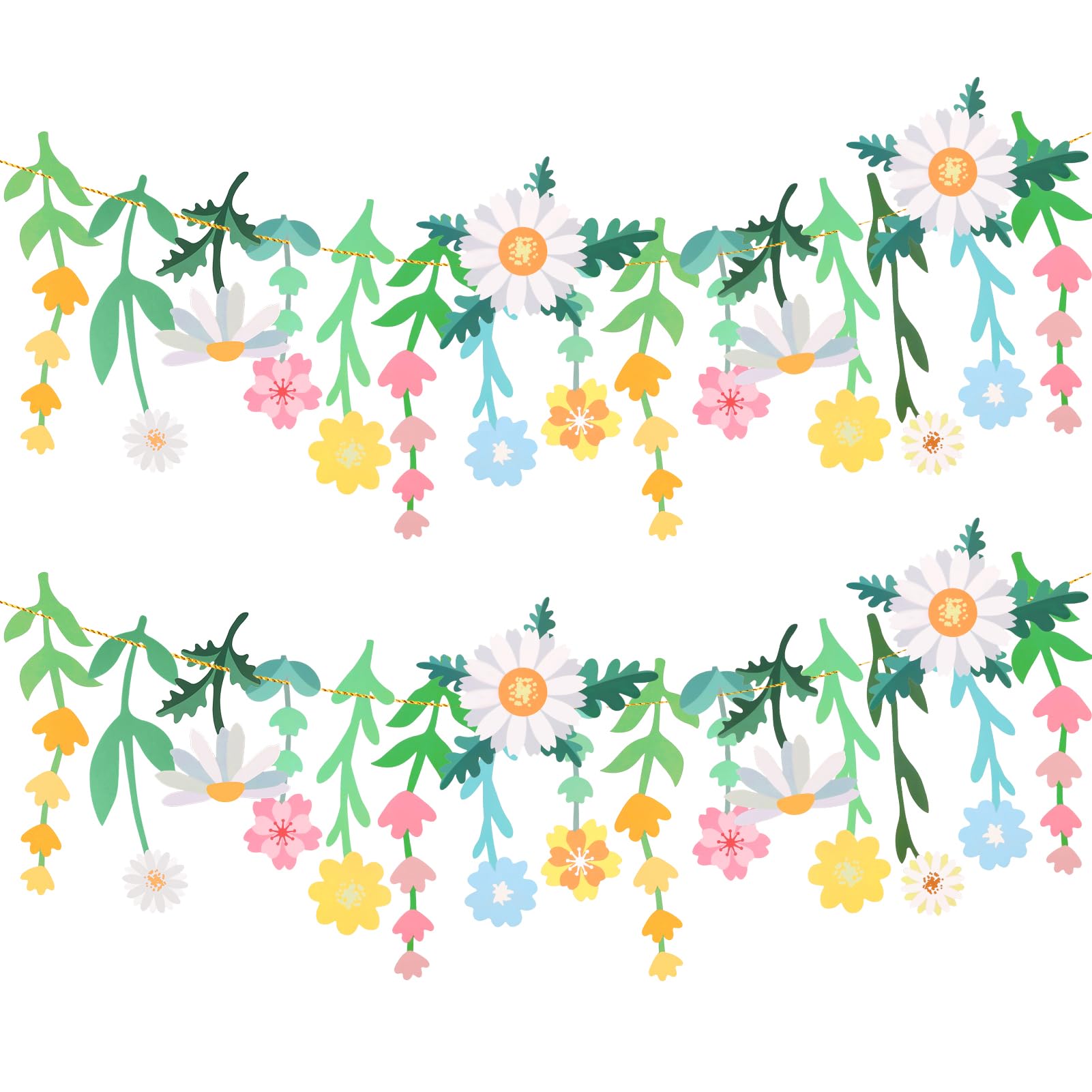 Chicpant 2 PCS Paper Flower Garland Flower Party Banner Daisy Double-Sided Colorful Spring Bunting Wild Leaves Daisies for Birthday Baby Shower Wedding Backdrop