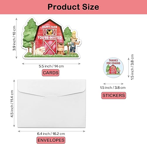 Miniatura 3 de Invitaciones de fiesta de animales de granja con sobres y calcomanías (juego de 15) Invitaciones en forma de granja, invitaciones de fiesta de