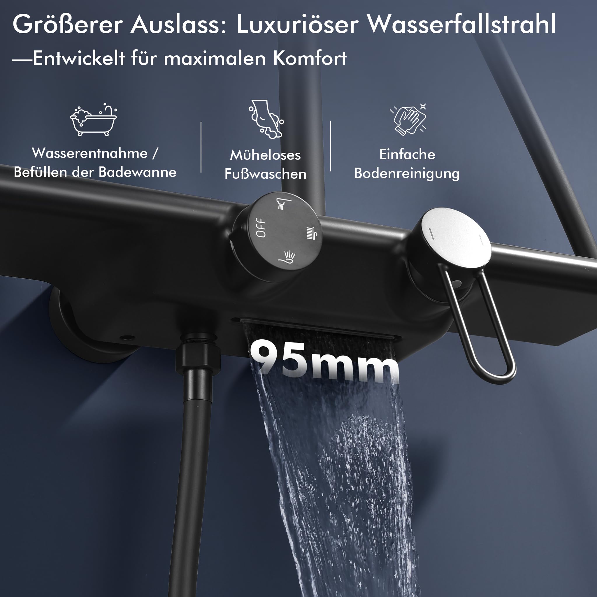 HOMELODY Duschsystem mit Armatur und Glasablage - Duscharmatur Komplettset Schwarz, 5 Strahlarten Handbrause und Wasserfallauslauf, Ø25cm Regendusche Set, Höhenverstellbar, ohne zusätzliches Bohren