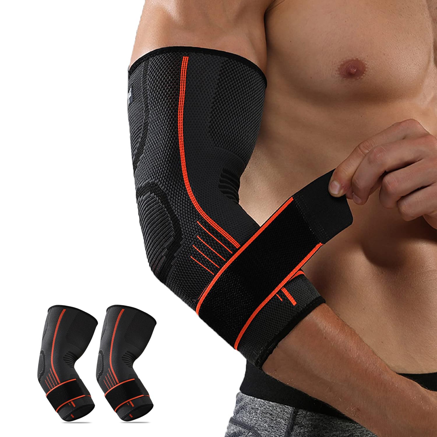 Elbow Brace Support with Strap, 2 PACK Adjustable Compression Sleeve for Men and Women, Ideal for Workout, Basketball, Golf, Tennis, Weightlifting, Pain Relief for Tendonitis and Arthritis, M Size