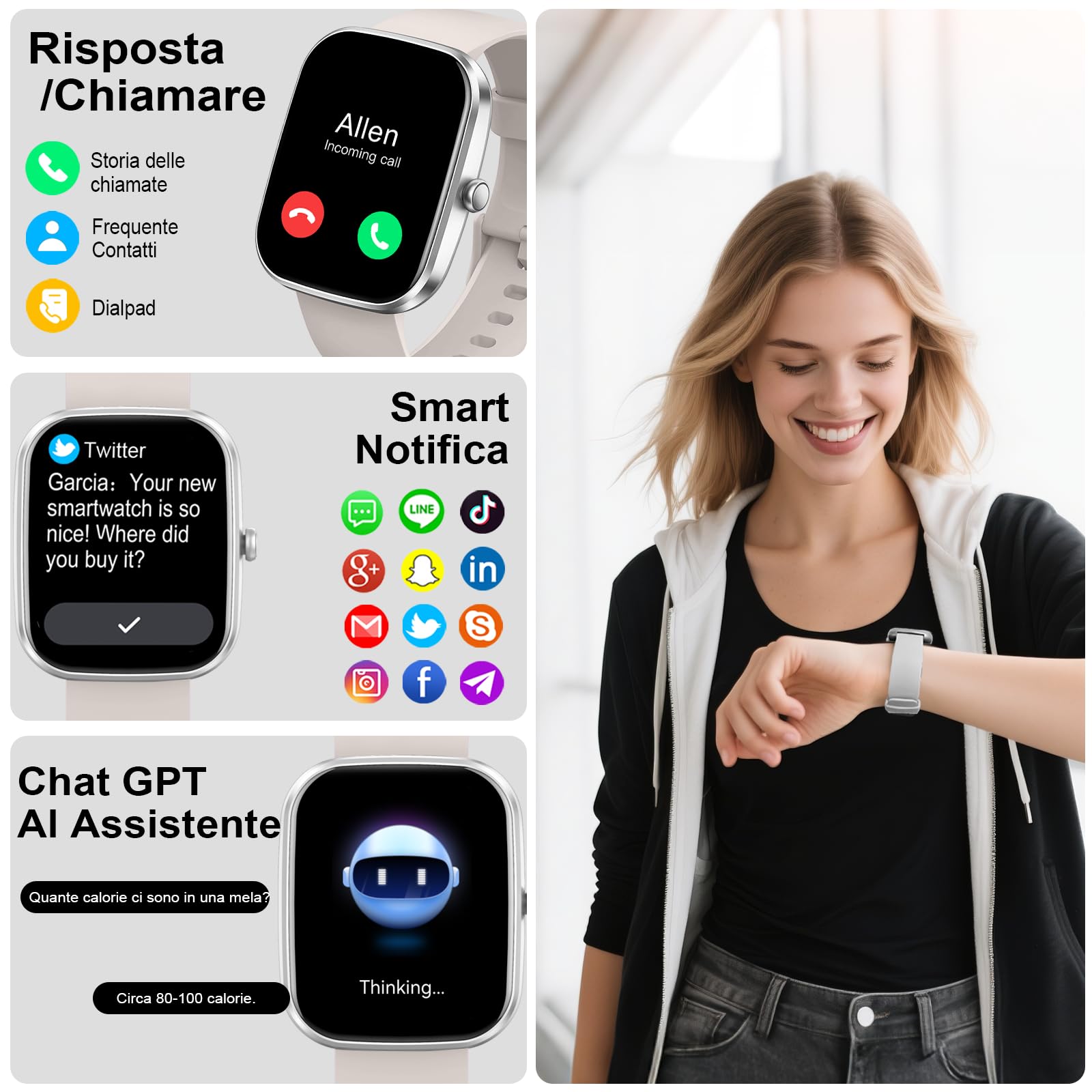 Uaue AI Smartwatch Uomo Donna, 2025 Nuova Fitness Tracker Orologio con Voce AI/Quadrante AI, Chiamate Bluetooth/Cardiofrequenzimetro/Contapassi/Sonno/115+ Sportive, 1.91" Smart Watch Impermeabile IP68