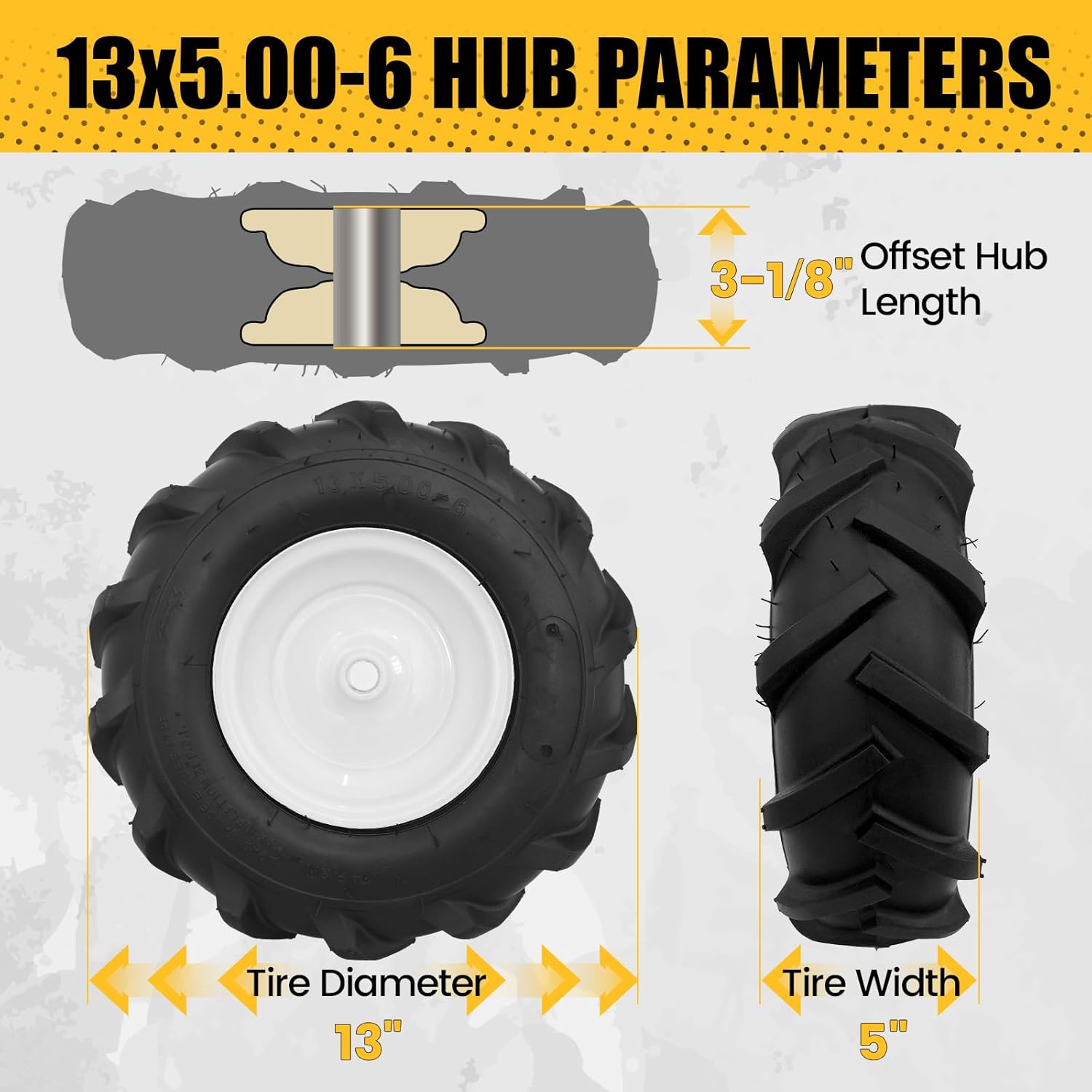 MZREXN 13x5.00-6" Tiller Tire and Wheel 2 Pack, 3/4" Axle Size, 3-1/8" Offset Hub, 4Ply Pneumatic, Compatible with Garden Trailer, Lug Tractor & Trencher, Craftsman & Troy-Bilt Tillers Replacement