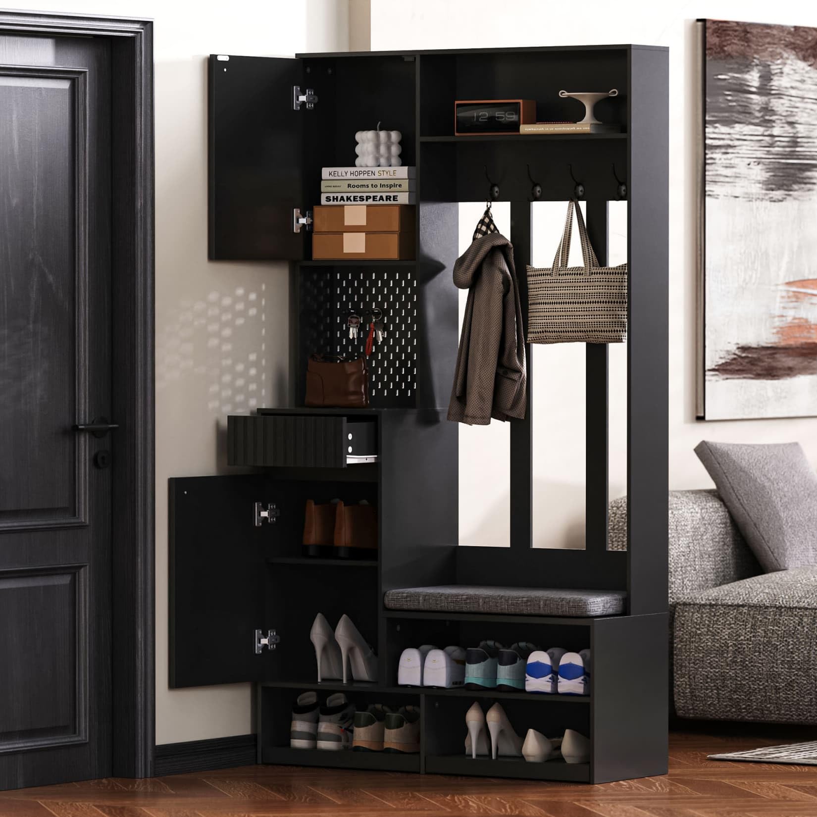 PUGSDRLY Meuble D'entrée,Porte Manteau avec Banc et Rangement Chaussure,4 Crochets,Étagère Ouverte,Armoire,Tiroirs,Vestiaire D'entrée pour CouloirChambre(D-Noir)