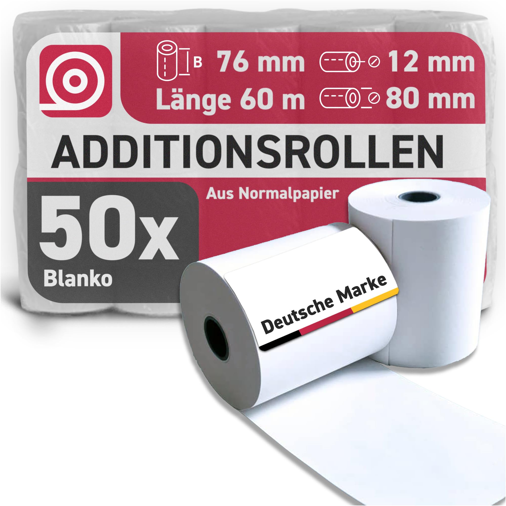 Additionsrolle (76mm × 60m × 12mm) – holzfreies Normalpapier – 50 Kassenrollen 80mm – ideal für Apotheken & Arztpraxen, Epson TM-J7700, Nadeldrucker, Tischrechner & Rechenmaschinen