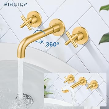 Airuida Solid Brass Widespread Wall Mount Bathroom Faucet with 360 Swivel Spout Wall Mounted Lavatory Faucet Vanity Sink Mixer Tap with Rough in Valve and Double Cross Handles Brushed Gold
