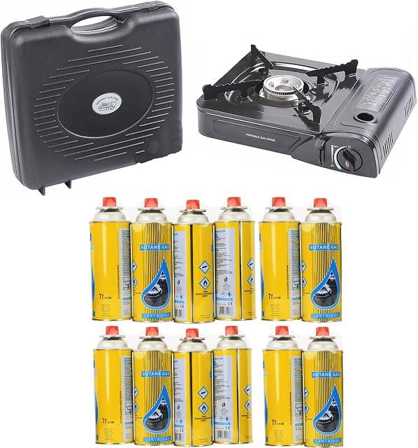 Portable Camping Gas Cooker Single Burner Stove Enamel Pan Holder Butane BBQ Carry Bag Automatic Ignition System Caravan Outdoor + 12 Gas Refills