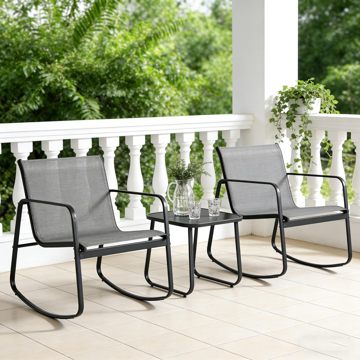 Outroad 3 Pieces Outdoor Rocking Bistro Set, Outdoor Furniture Set with Patio Rocking Chairs, and Glass-Top Table, Small Conversation Set of 3 for Porch, Garden, Yard, Lawn, Poolside, Grey