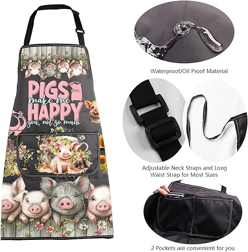 Miniatura 5 de MBMSO Divertidos regalos de cerdo, delantal de barbacoa para amantes de los cerdos, regalos de cerdos Make Me Happy Pig Delantal con bolsillos BBQ