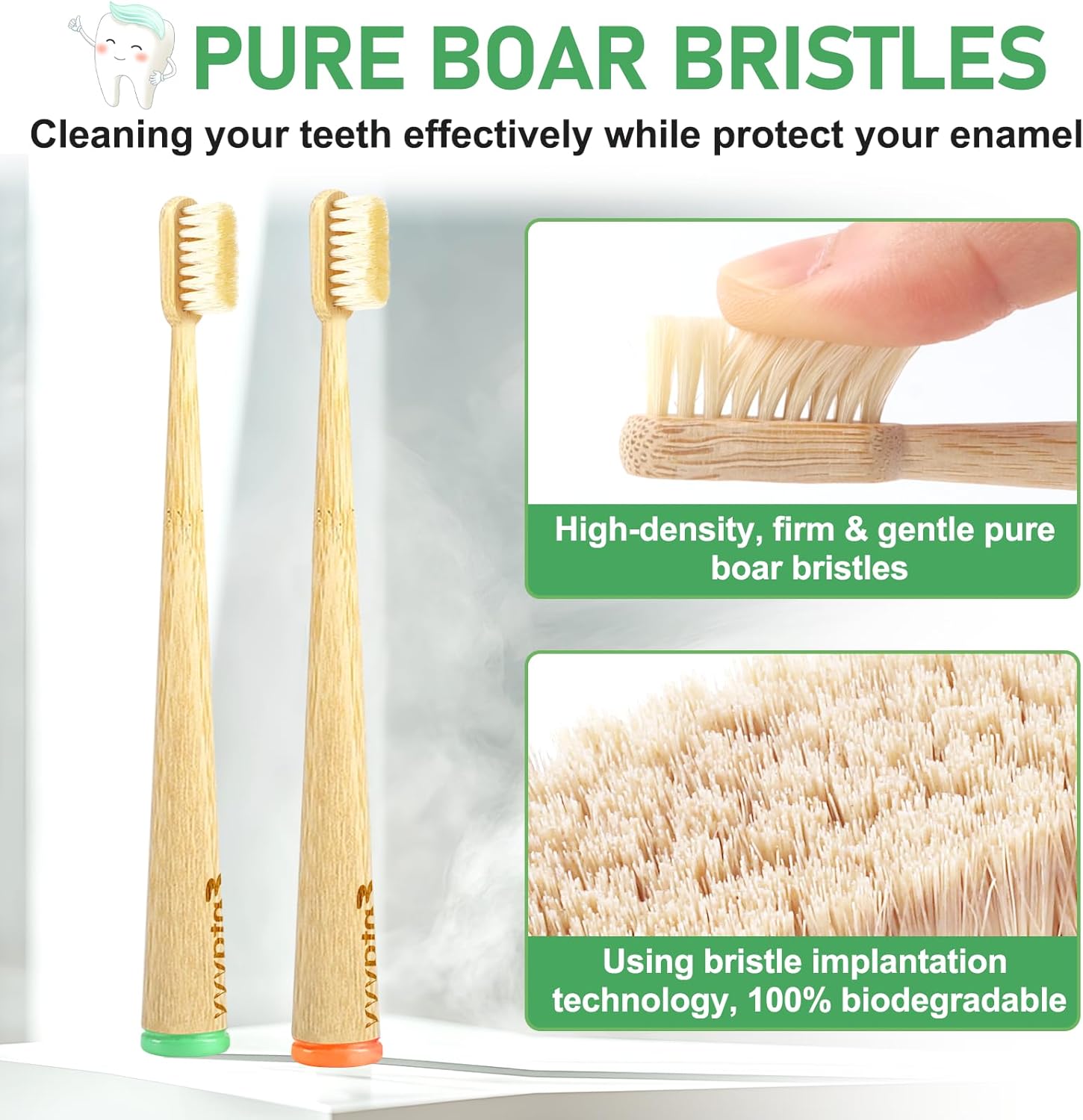 Boar Bristle Toothbrush, 4 Pack Non Plastic Bamboo Toothbrushes, Plastic Free Natural Organic Toothbrush, Individually Packaged Portable Manual Wooden Toothbrush for Adult, Women, Men