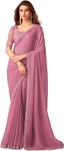 AKHILAM Women's Georgette Sequins Work Saree With Unstitched Blouse Piece (SALSA8001_TFH_Parent)