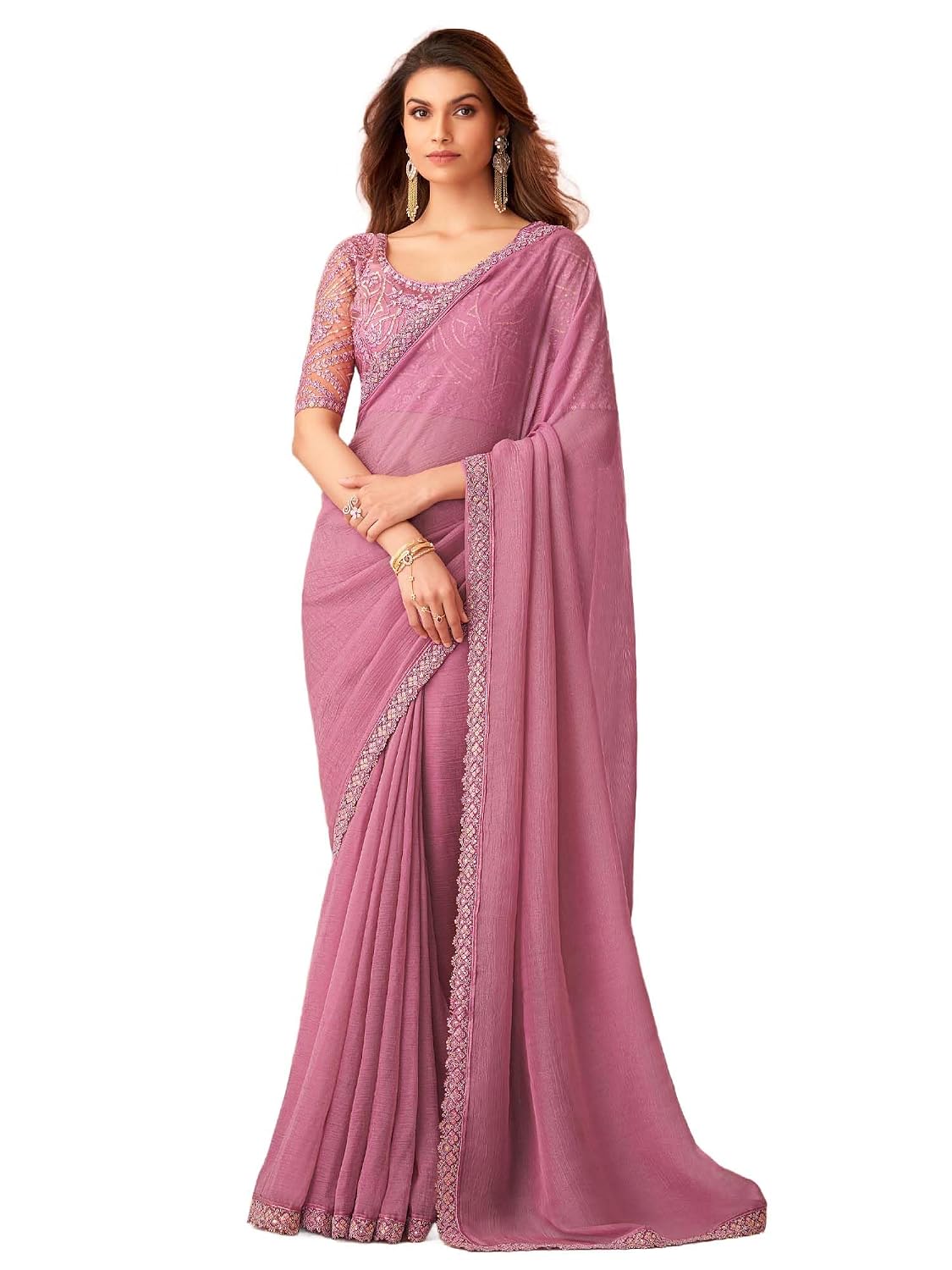 AKHILAM Women's Georgette Sequins Work Saree With Unstitched Blouse Piece (SALSA8001_TFH_Parent)