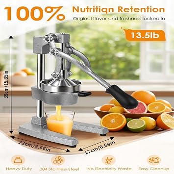 Manual Citrus Juicer Press, Cast-Iron Heavy Duty Commercial Orange, Lemon, Lime & Pomegranate Squeezer, Countertop Hand Juice Extractor with 304 Strainer for Home, Café, Bar, Gray