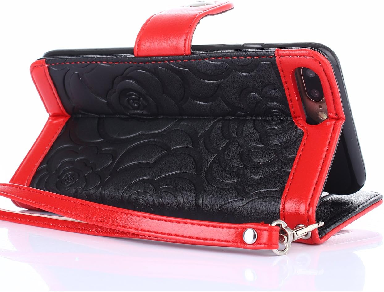 FLYEE Case Compatible with iPhone 7 Plus/8 Plus-5.5 inch,Wallet Case for Women and Girls with Card Holder and Mirror,Cards Slots Premium Leather Flip Case[Embossed] Cover Kickstand-Black