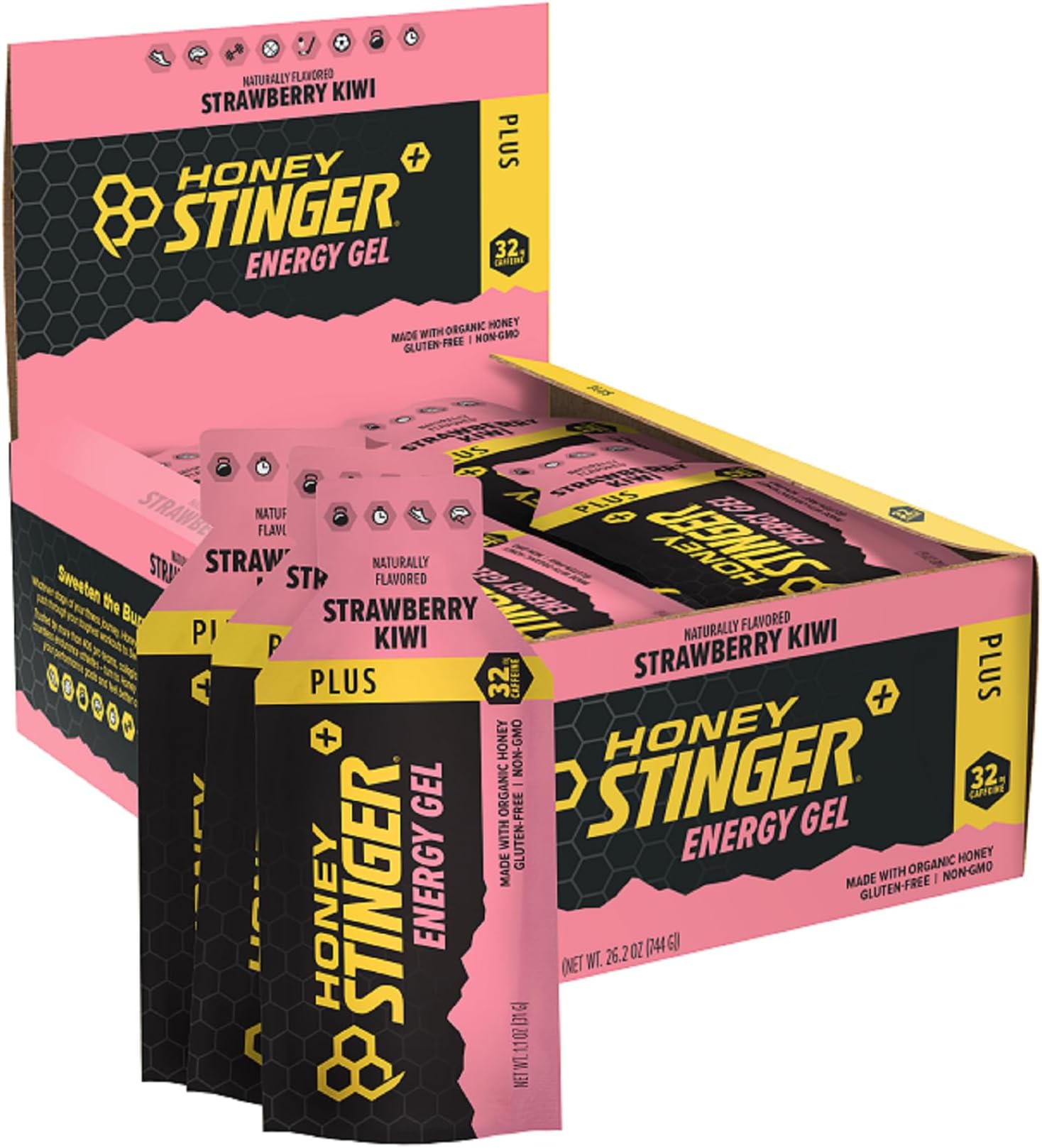 Strawberry Kiwi Energy Gel, Caffeinated & Gluten Free with Organic Honey, for Exercise, Running and Performance, Sports Nutrition for Home & Gym, Pre and Mid Workout, 24 Pack
