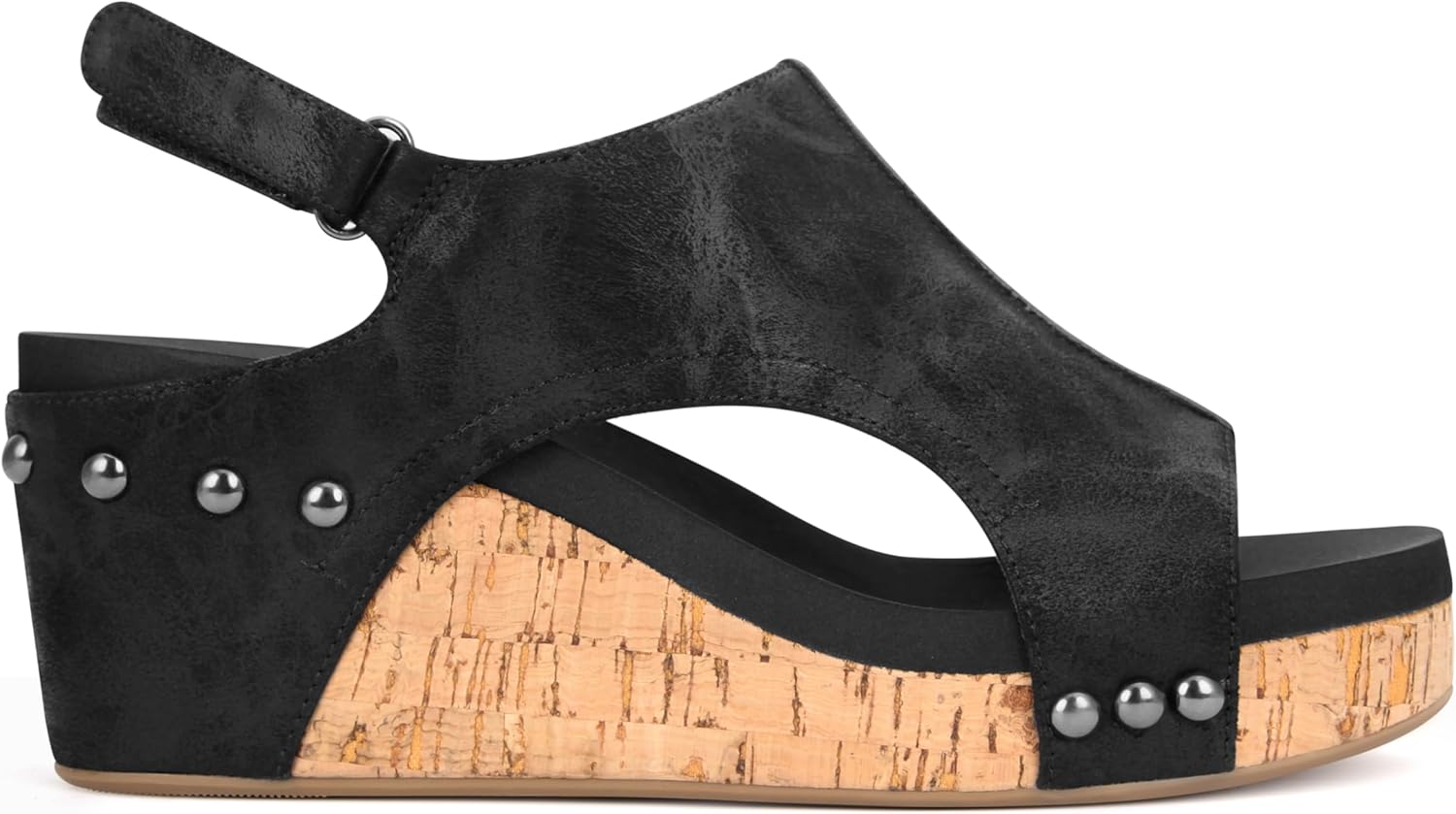 PARTY Women's Wedge Sandals With Buckle Ankle Strap for Dressy Summer, Kally-Black Metallic-6 - Image 5