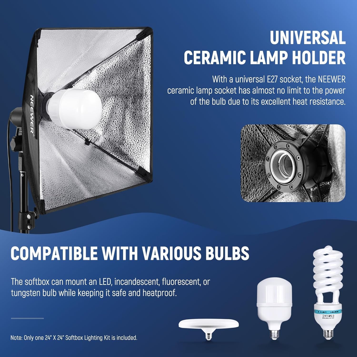 NEEWER Zestaw świetlny RGB Softbox z aplikacją i 9 trybami efektów, 24 W żarówka LED CRI93+ TLCI98+, E27 Porcelanowa nasadka, 24" Softbox, do oświetlenia fotograficznego studyjnego, NK800