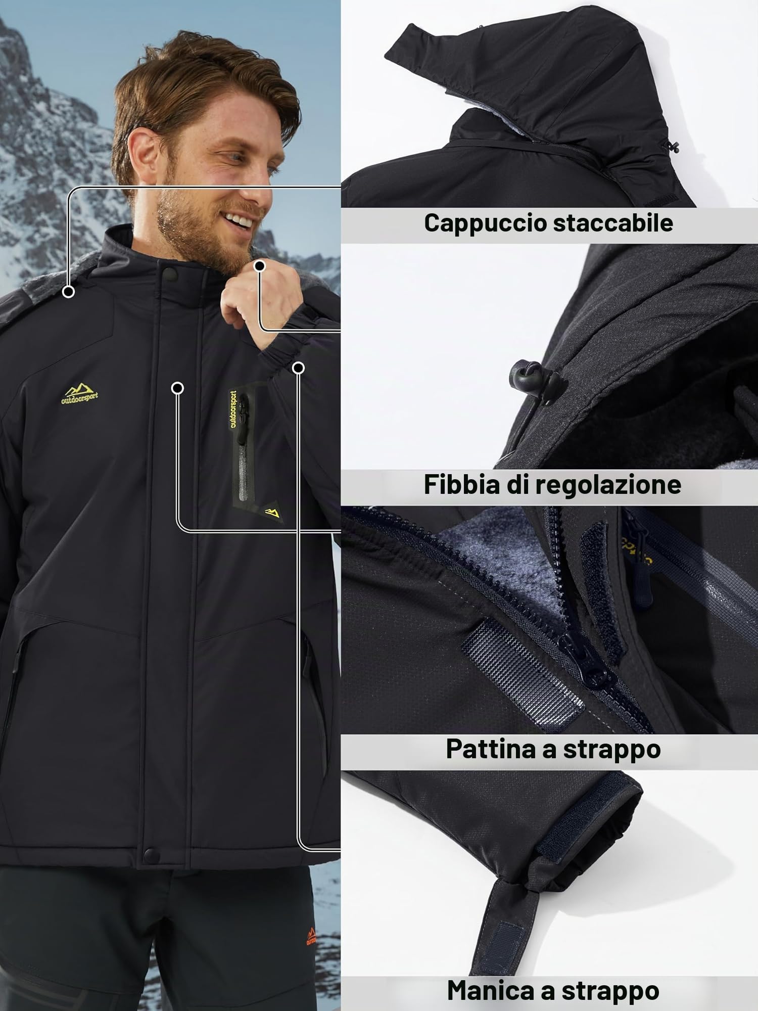 KEFITEVD Giacche in Pile Invernali da Uomo Calde Impermeabili da Sci Termici con Cappuccio Staccabile