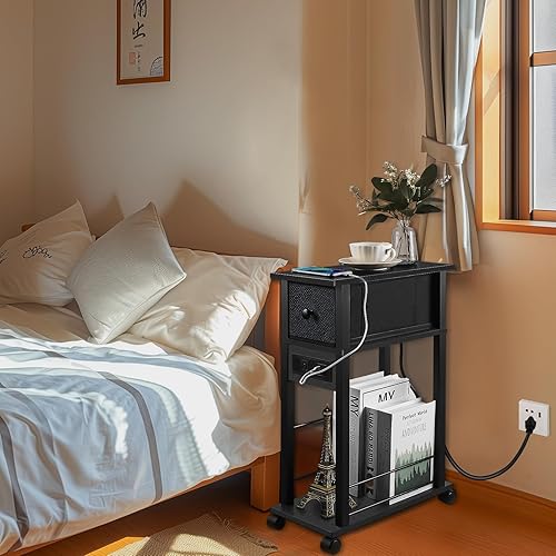Miniatura 6 de Narrow Side Table (1PC) - Black End Table with Overload Protection, Charging Station Drawer & 4 Wheels, Mobile Storage Nightstand for Bedroom Studio