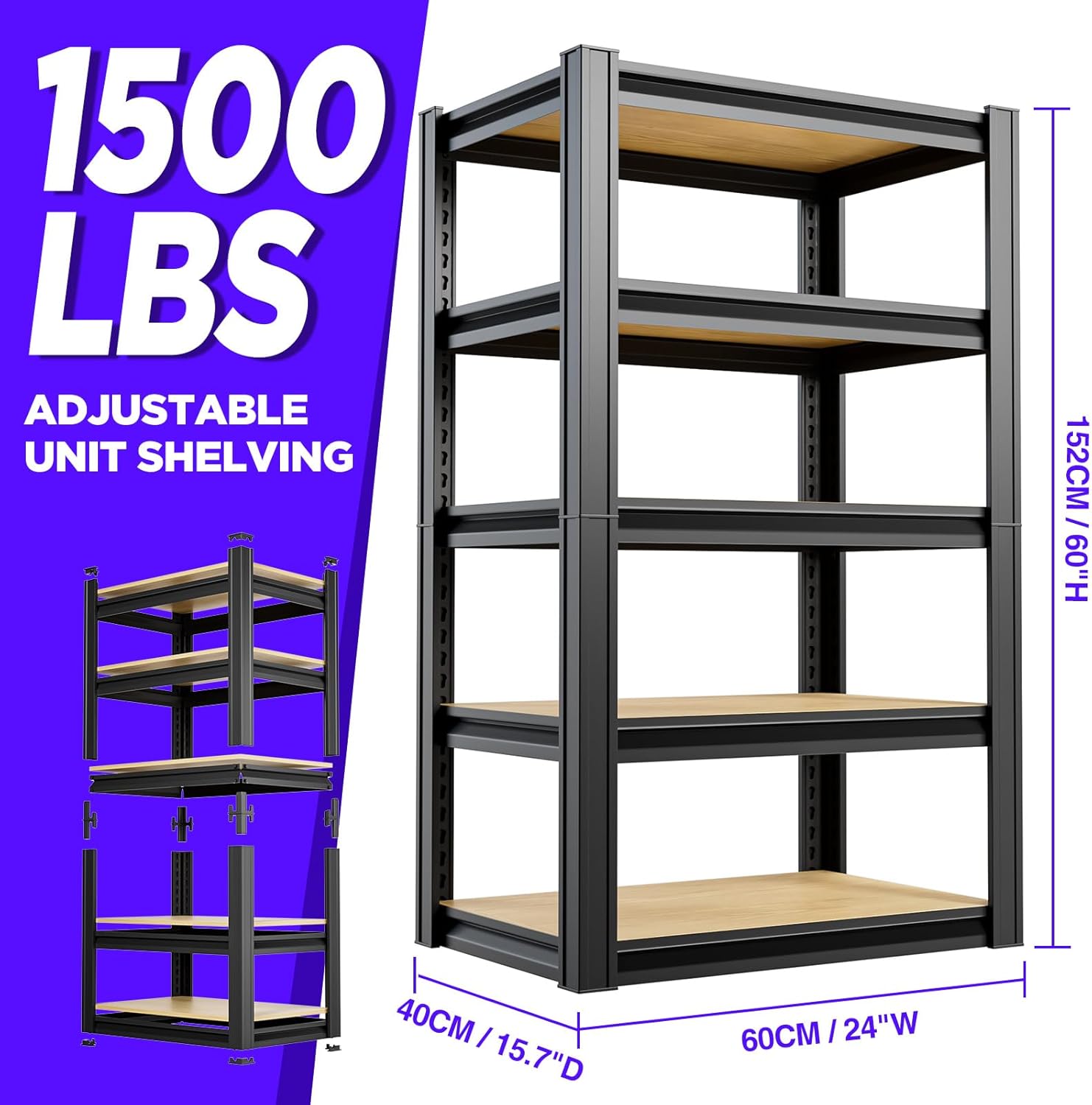 5-Tier 24”W X 15.7”D X 60”H Garage Shelves 1500LBS Adjustable Metal Shelves Storage Shelves Vertical Shelf Units Suitable for Office and Home Kitchens (Black)