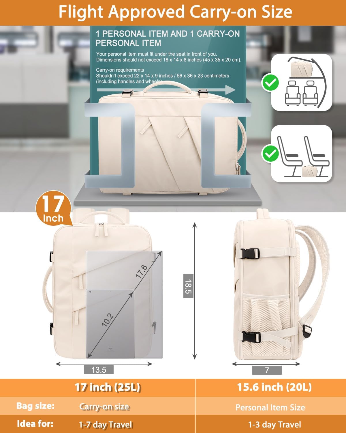 Capolo Travel Backpack for Women Men Waterproof Laptop Backpack Flight Approved Carry On Backpack Overnight Weekender Bag College Bookbag for Business, Work, Traveling Fits 17 '' Laptop,Beige - Image 6