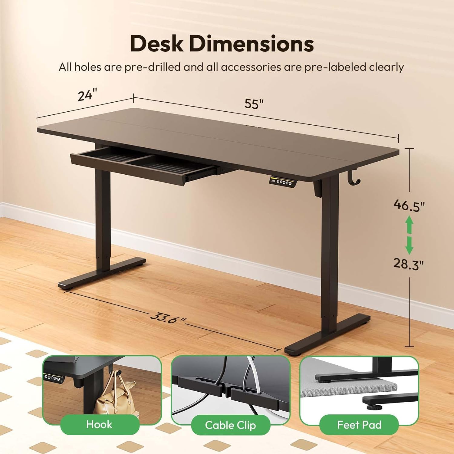 Electric Standing Desk with Drawers,55x24 inches Height Adjustable Sit-Stand Desk with Storage Shelf,3 Preset Heights,Equipped with Hooks,Ergonomic Gaming Table for Home and Study，Black