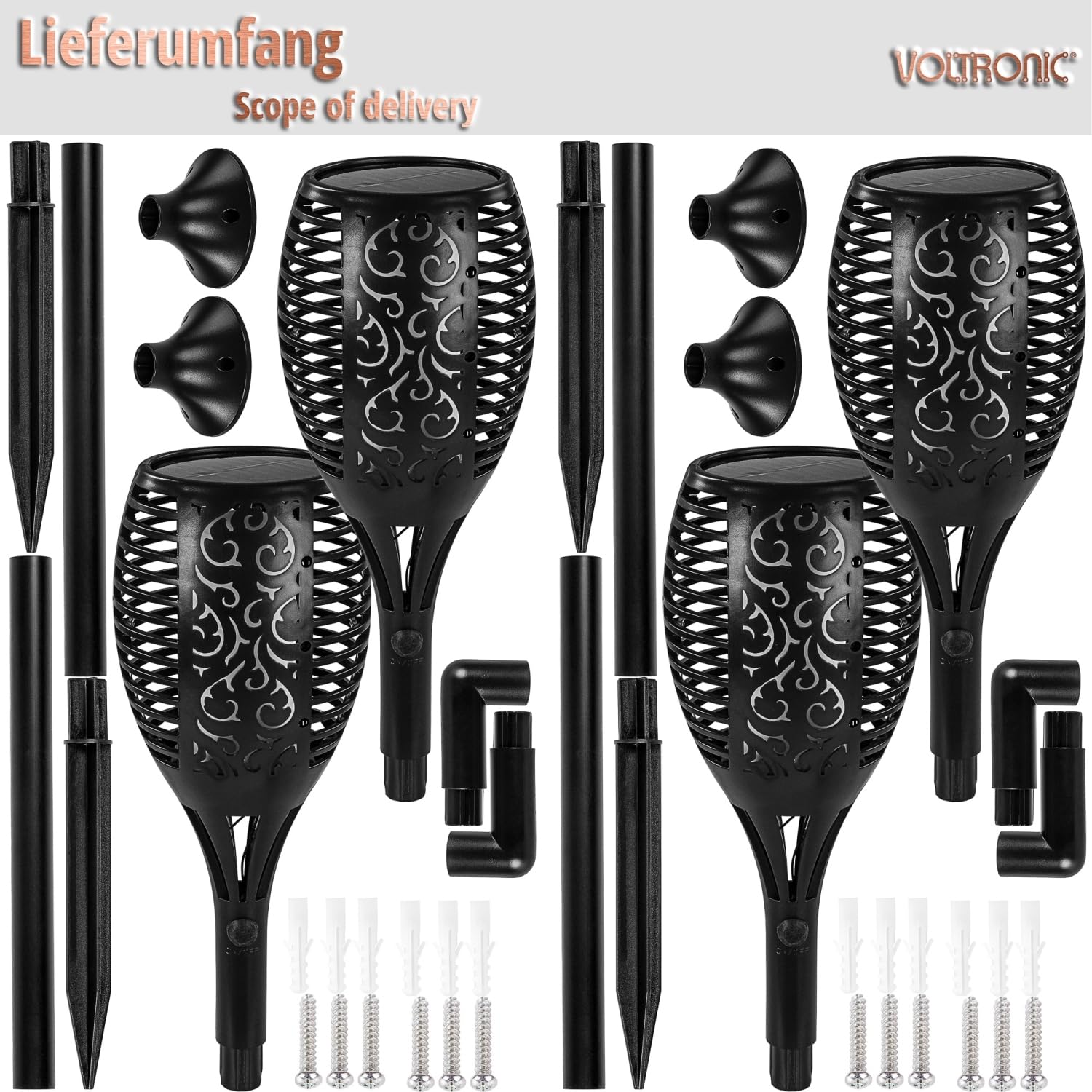 VOLTRONIC Solar Gartenfackel 51 LEDs, innen und außen, IP44, Wandhalterung, Erdspieß, Setwahl, 4er Set