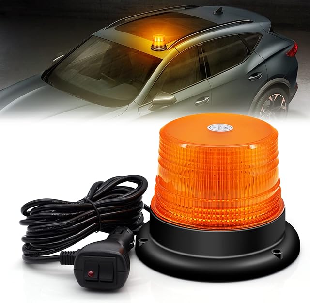 AnTom LED Beacon Light, 12V-24V Amber LED Warning Safety Flashing Beacon Lights with Magnetic and 3 meters Straight Cord for Vehicle Forklift Truck Tractor Golf Carts UTV Car Bus