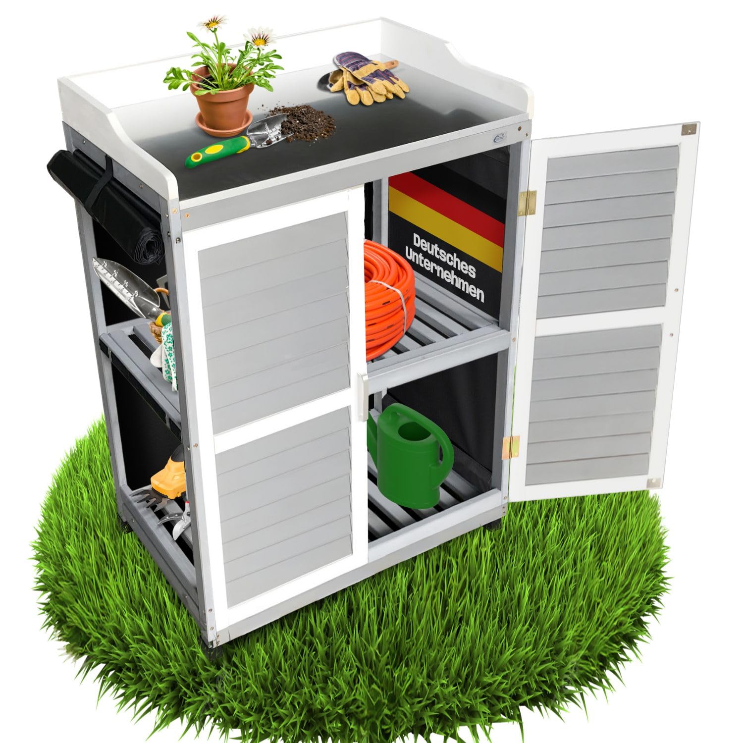 Gartenschrank Lola Grau 67x46x98 cm - Pflanztisch mit Stauraum, Geräteschrank mit verzinkter Arbeitsplatte, aufrollbare Wände, 1 Einlegeboden, Flexibler Schrank für Garten, Balkon & Terrasse