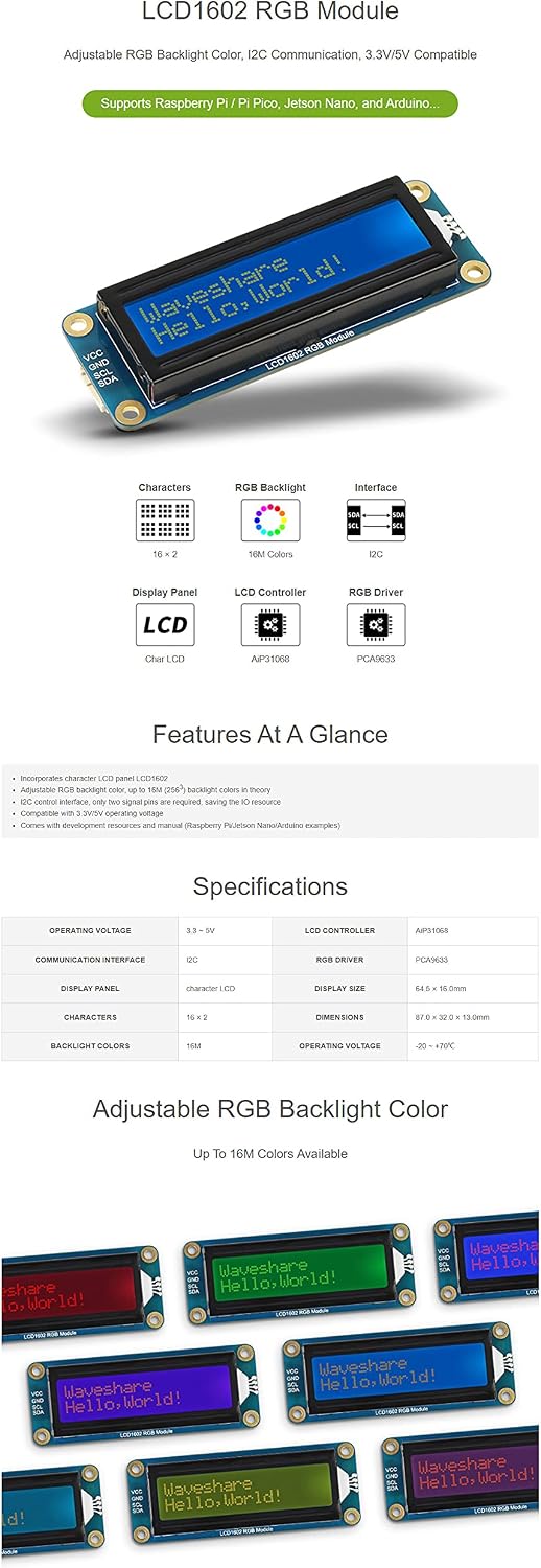 LCD1602 RGB Module, 16x2 Characters LCD, RGB Backlight, 3.3V/5V, I2C Bus,Supports Raspberry Pi/Pi Pico, Jetson Nano